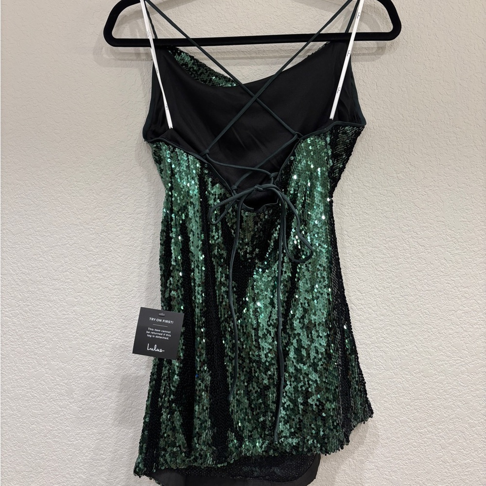NWT Lulus Emerald Green Sequin Cowl Neck Mini Dress - Picture 3 of 7